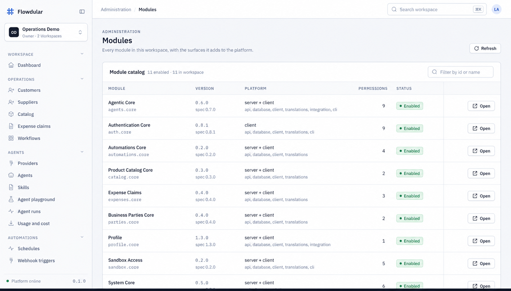 Flowdular platform: the module catalog with the new module enabled