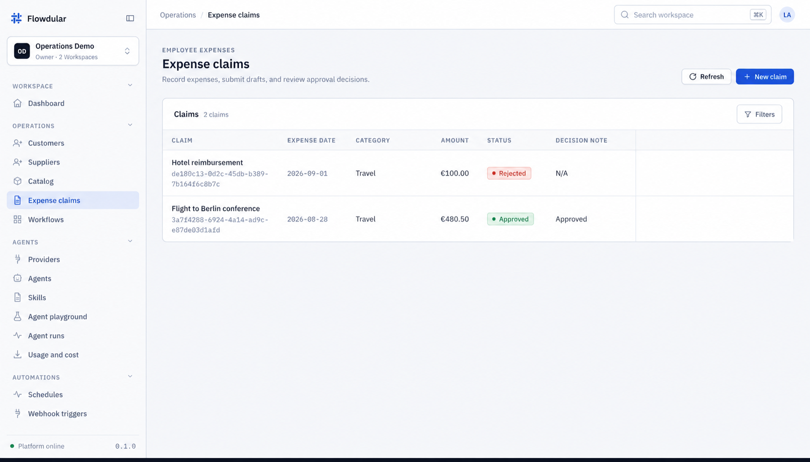 Flowdular platform: the expense claims screen the sandbox session built