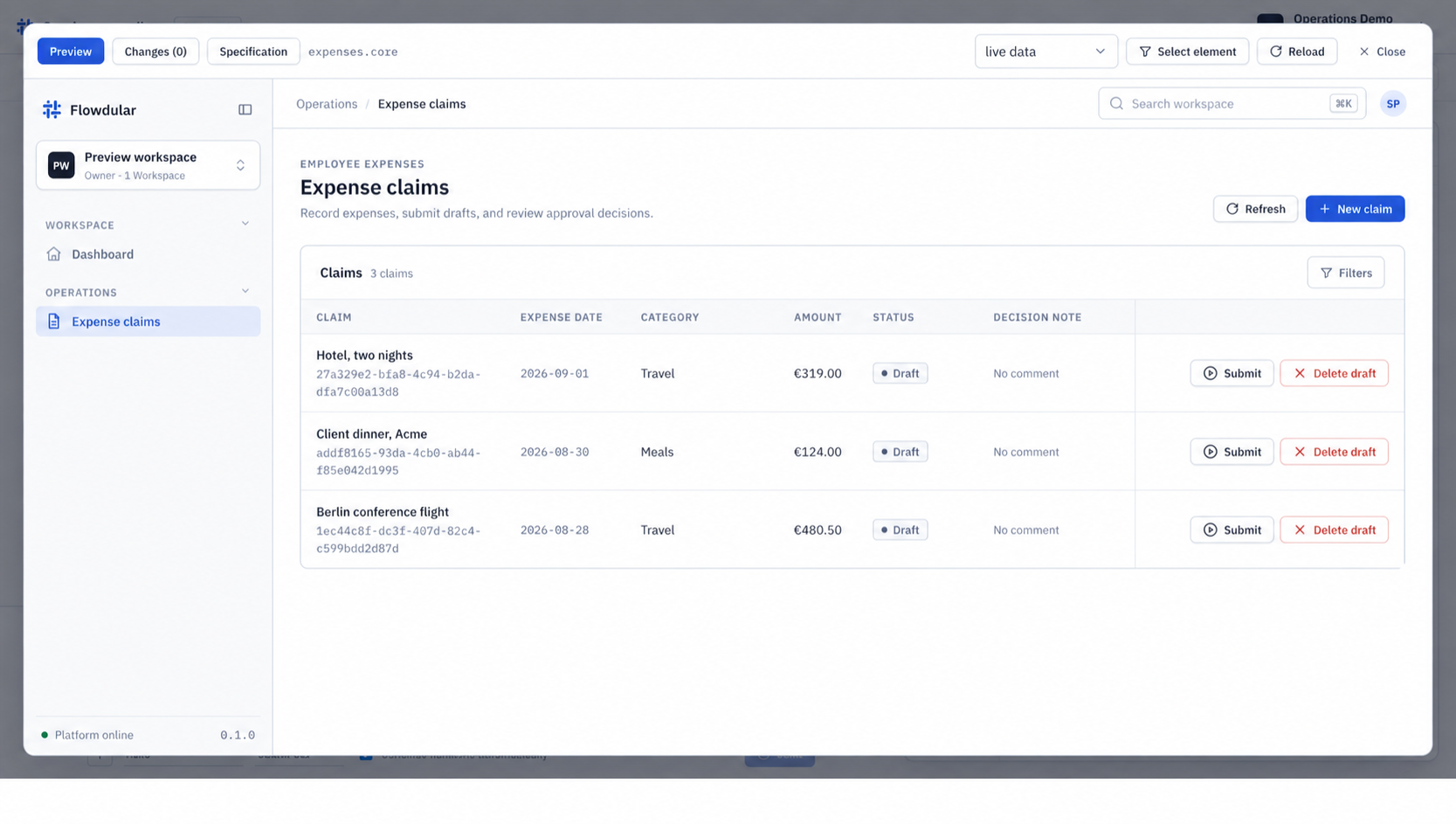 Flowdular sandbox: the preview tab showing the draft expense claims screen inside the application shell