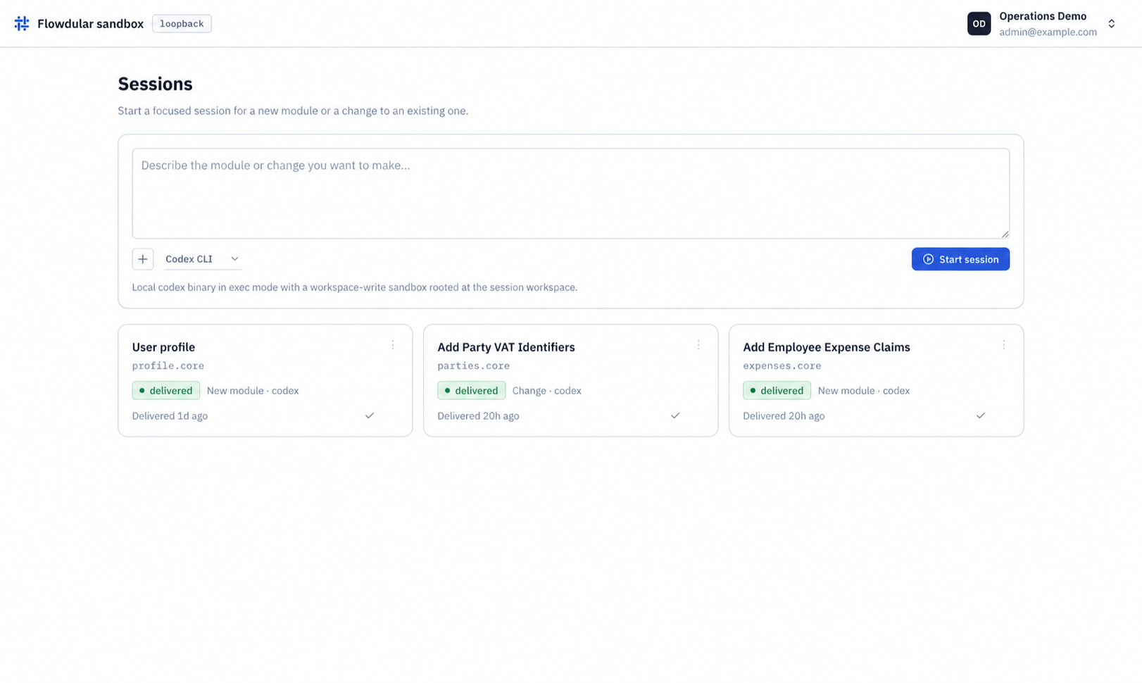 Flowdular sandbox: the brief box above three delivered sessions
